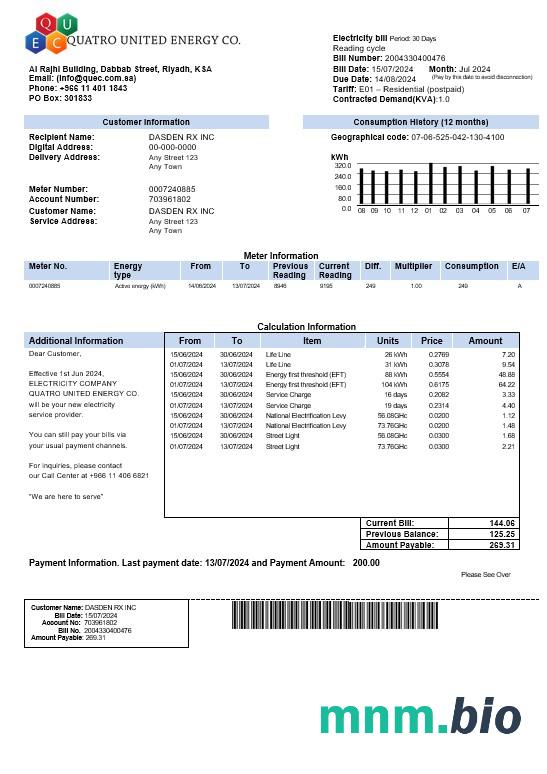 Arabia Saudyjska Quatro United Energy Co. rachunek za usługi komunalne, Word i PDF szablon